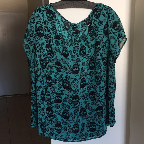 torrid Tops - Teal and black chiffon skull top